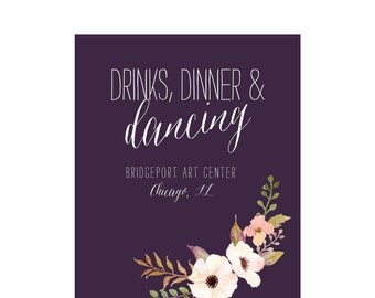 Flower Waltz eggplant wedding invitation suite; SAMPLE ONLY