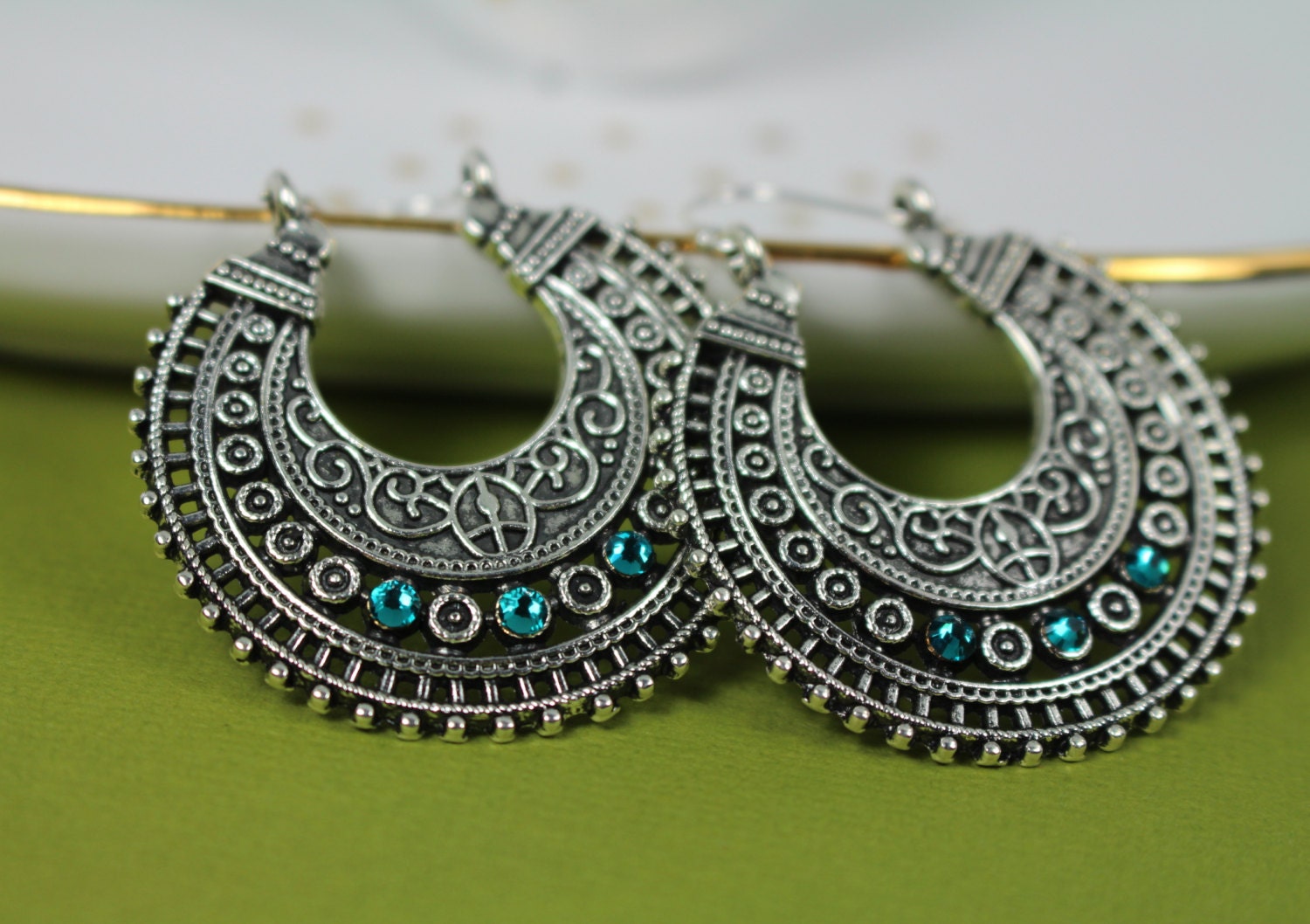 Indian Design Ethnic Earrings Crescent Earrings Silver Hoop