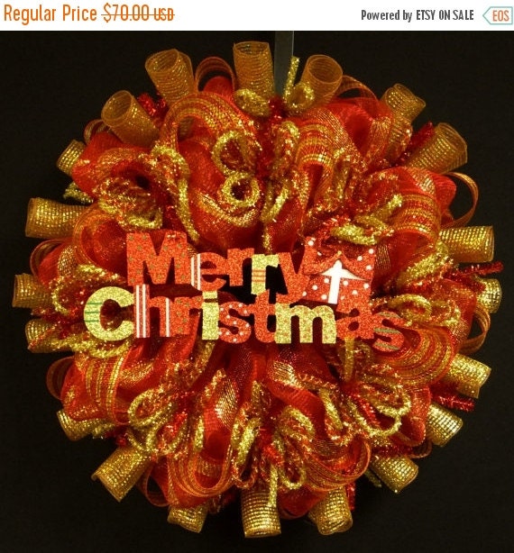 HOLIDAY SALE Merry Christmas Wreath, Christmas Wreaths, Red Gold Wreaths, Deco Mesh Wreaths - Item 1383