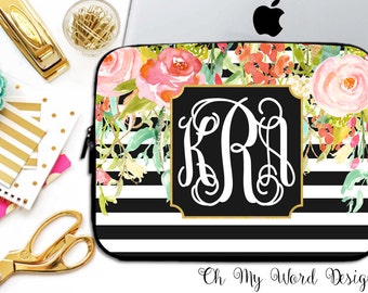 Monogram Laptop Sleeve-Water Color Flowers-Laptop Sleeve-Laptop Sleeve-Neoprene Laptop Sleeve-Laptop Cover