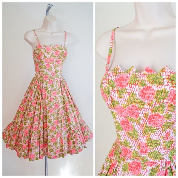 1950s Pink & green rose print cotton sun dress / 50s full