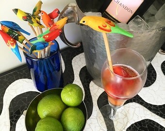 Bird Cocktail Stirrer Set, Tropical Drink Stirrer, Unique Swizzle Stick, Wooden Tropical Bird Barware, Bird Stir Sticks - Set of 6