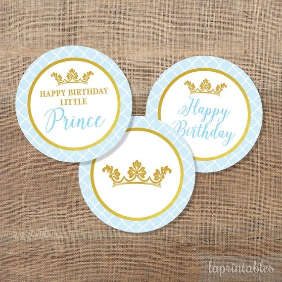 Birthday Cupcake Toppers Little Prince Light Blue and Gold