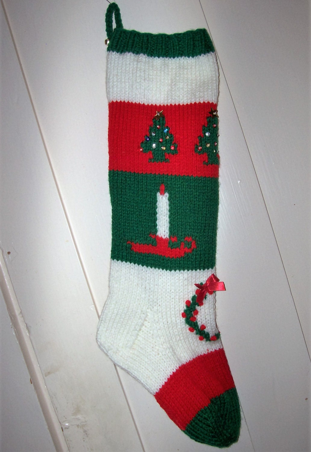2017 Hand Knit Christmas Stocking Old Pattern Candle Trees