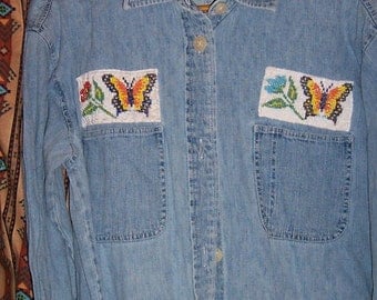 1/2 Price Sale, Denim Long button down shirt Perfect for wearing with leggings. Ladies Sz Large. Hand loom beading