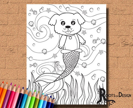 Download INSTANT DOWNLOAD Coloring Page Mermaid Dog Art Coloring Print