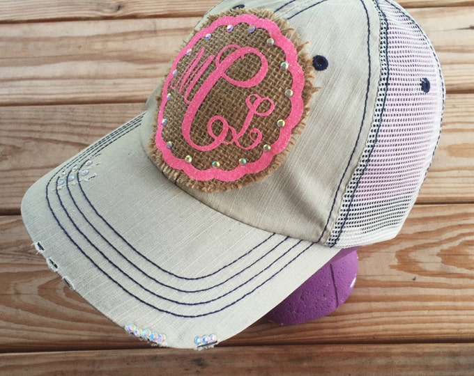 Monogram and Burlap Cap Southern Women’s Trucker Hat, Embellished Baseball Caps, Personalized Hat for Women, Custom Bling Girls Southern