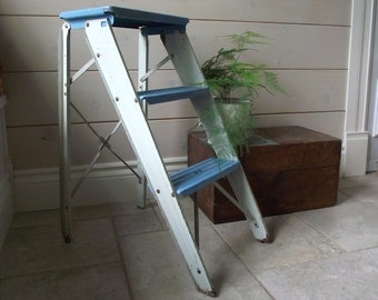 Metal Step Ladder , Folding Metal Step Stool Blue and White Industrial Decor , Painters Step Ladder , Side Table , Repurposed Vintage