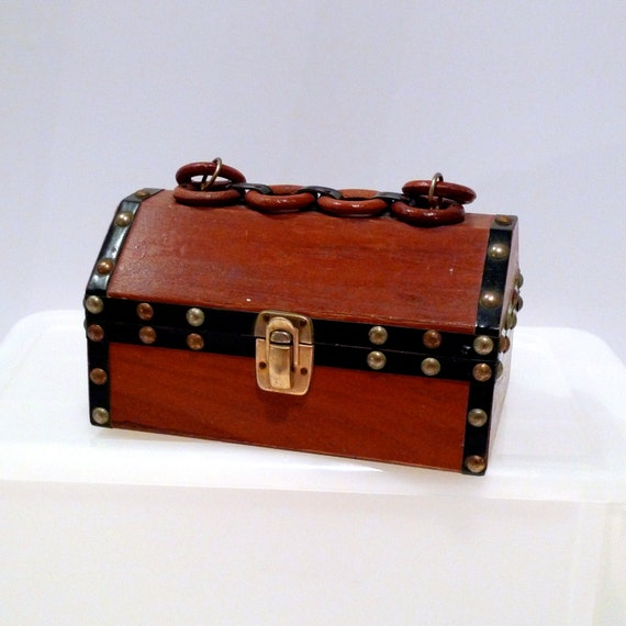 Treasure Chest Box Bag Vintage Wood Studded Purse 1970s 1980s