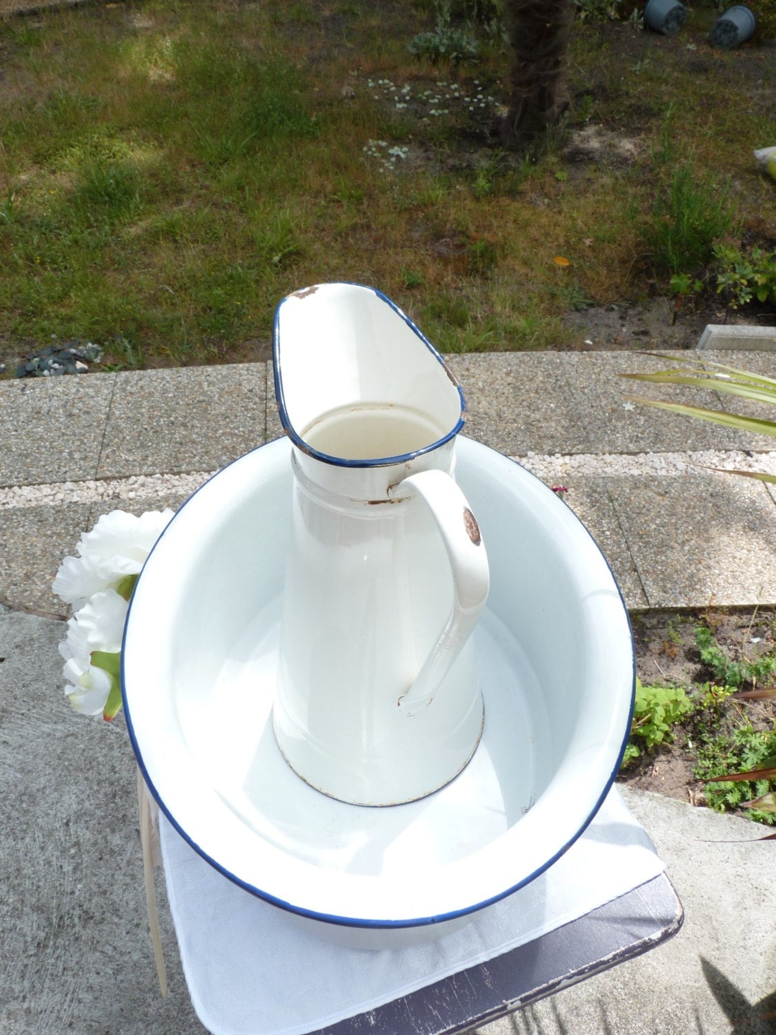 Vintage French White Enamel Pitcher w Large Oval Wash Basin