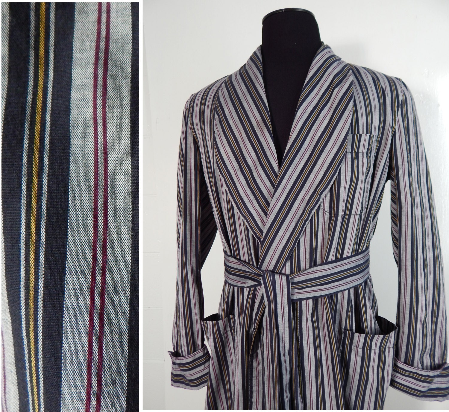 Mens Vintage 1950s Robe Stripe Cotton. Wide Shawl Collar.