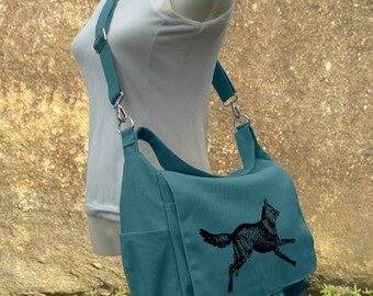Teal green travel messenger bag with screen print, school bag for girls and boys, womens shoulder bag