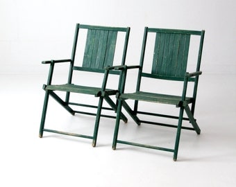 vintage wood folding chairs, green slat wood patio furniture