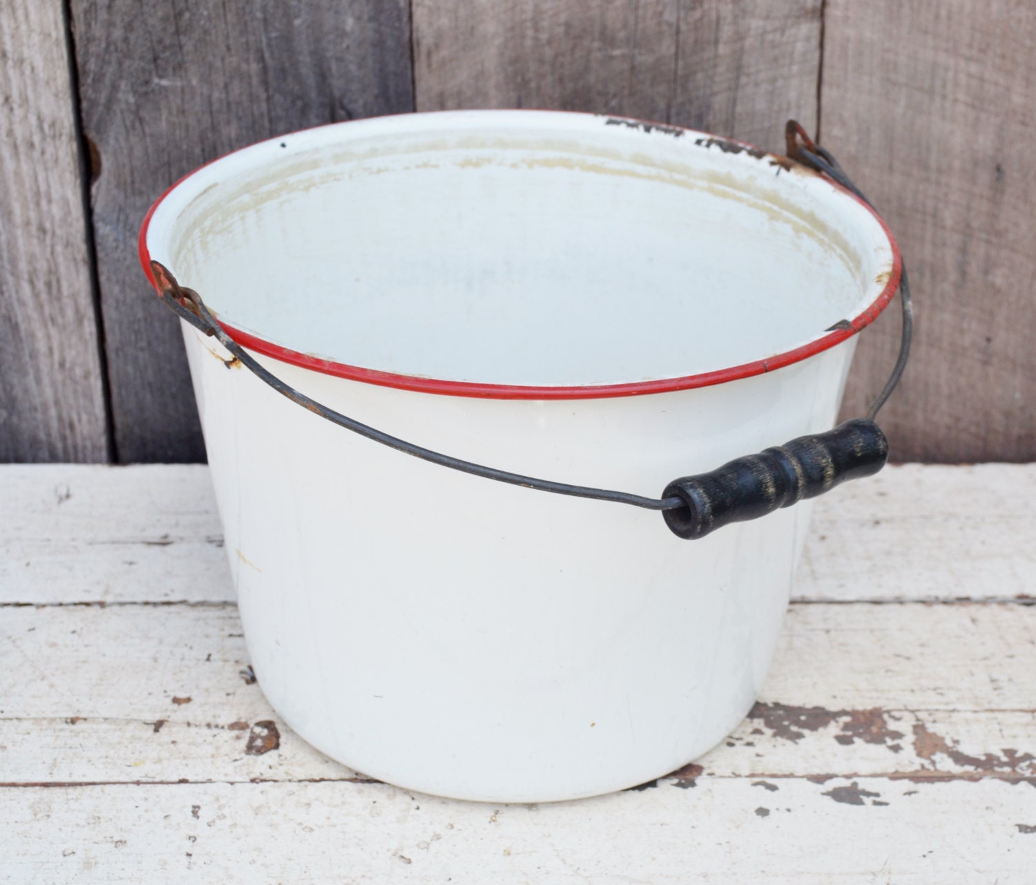 Vintage Enamel Bucket Red White Pail Black Wooden Handle Leaky