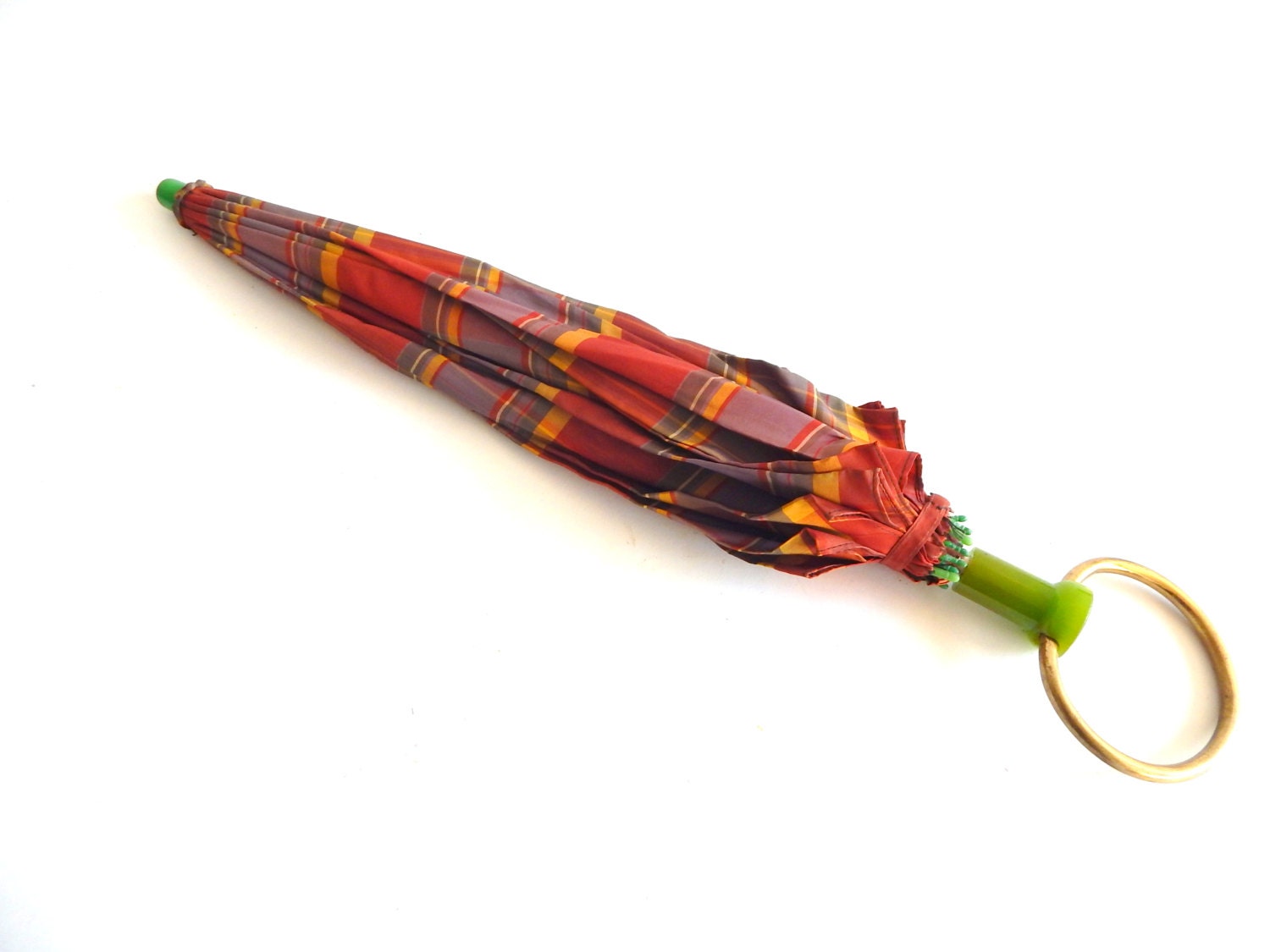 Vintage Orange Plaid Umbrella Bakelite Handle