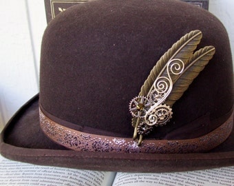 Brass Feather Hat Pin (HP600) Bronze Feathers, Silver Gears and Swarovski Crystals, Tie Tack