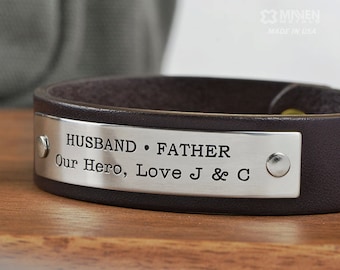 Mens Personalized Leather Bracelet, Daughter Son to Father Gift - Personalize with ANY TEXT up to 40 characters