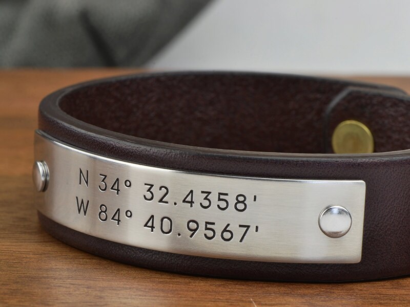 Mens Personalized Leather Bracelet - Custom Coordinates Latitude Longitude GPS Bracelet - Boyfriend Gift, Husband Gift