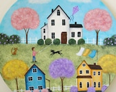 Spring Folk Art Plate - MADE TO ORDER - Hand painted primitive Americana country scene, blooming trees, saltbox houses, pastel colors