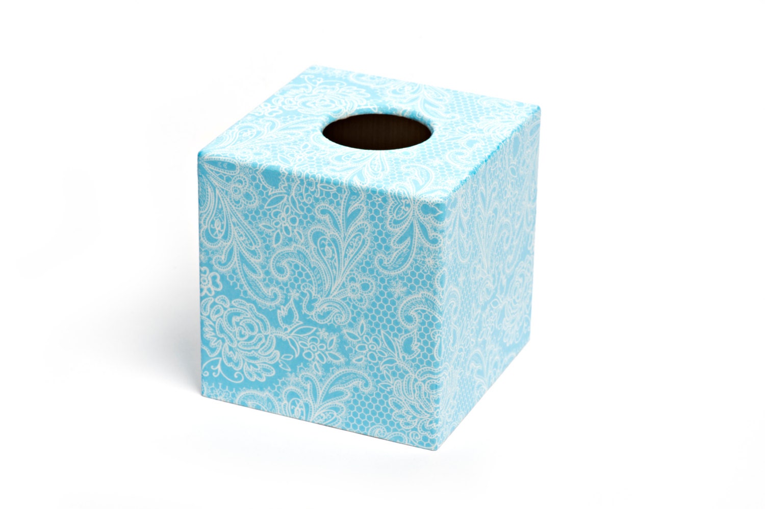Blue Lace Tissue Box Cover wooden handmade in UK