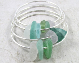 Sea Glass Bangle, Sterling Silver, Hammered Bracelet, Handmade, Hawaiian Seaglass, Surfer Girl, Hawaii Beach Jewelry, Ocean Lover Gift idea