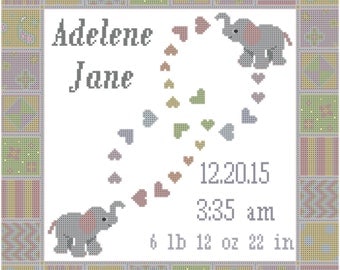 Modern Elephant Birth Record Cross Stitch Pattern in Pastels with Hearts