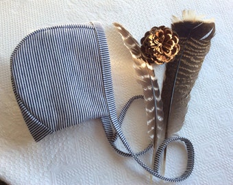 Bonnet, Baby Bonnet, Cotton Ticking Bonnet, Handmade Bonnet, Striped Bonnet, Gender Neutral Bonnet