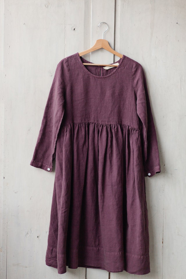 Linen Dress Purple Long Sleeve High Waist Hand Made Dress