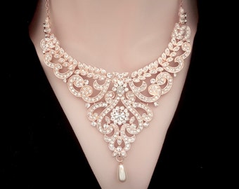 Rose gold necklace, Rose gold crystal necklace, Rose gold pearl necklace, Wedding necklace,Brides necklace,Rose gold Statement necklace,MIA