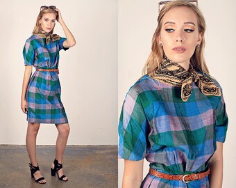 50s Plaid Dress Vintage Green Blue Wiggle Dress