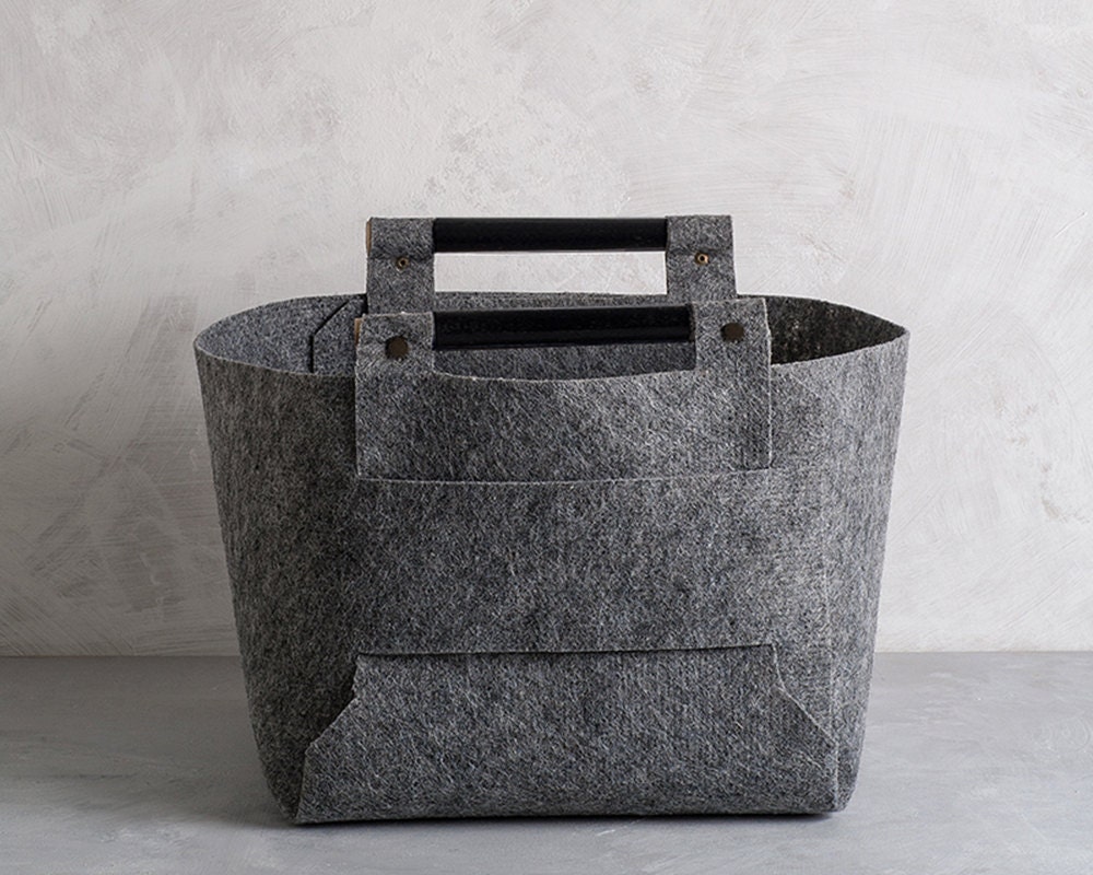 Large Felt Storage Bin with Black Wood Handles by loopdesignstudio
