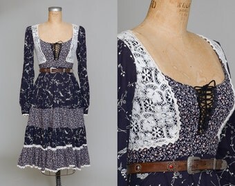 70s Gunne Sax Black Floral Corset Up Bohemian Prairie Dress