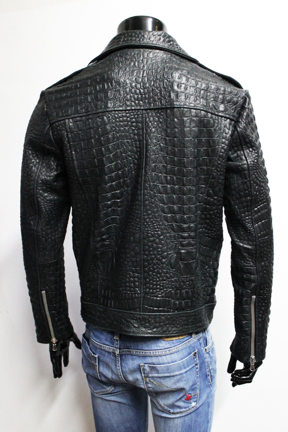 Italian Handmade Men Black Crocodile Leather Biker Jacket Slim Fit