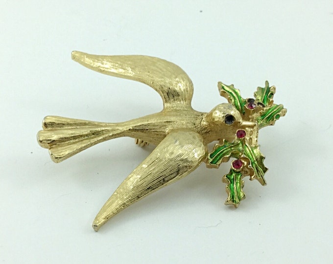 Vintage Dove Rhinestone Bird brooch. Dove with misstletoe twig branch brooch. Love Brooch, Peace Brooch. Holiday Brooch, Messenger. Repair.
