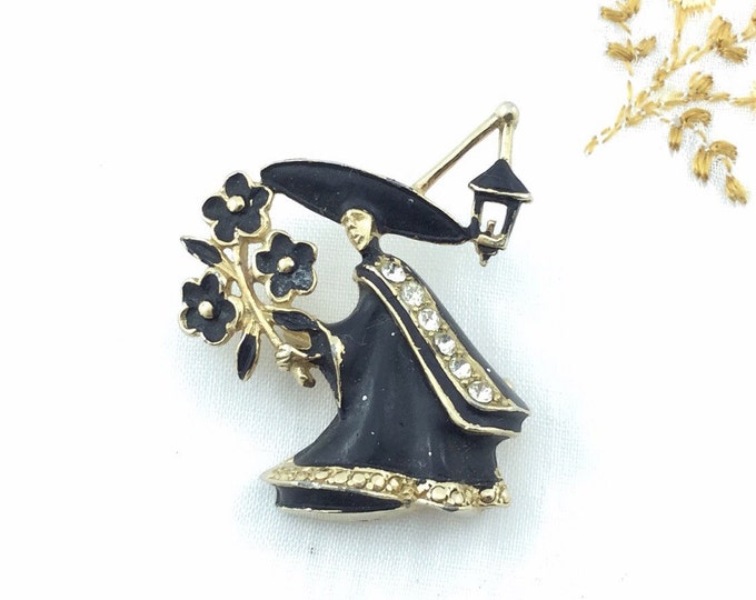 Vintage Halloween Pin, Black witch brooch with rhinestones, big lantern, big hat. Death. Black flowers.