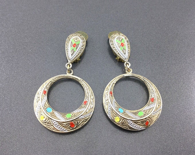 Vintage Spanish Colorful Damascene Earrings, Dangly Earrings Jewelry. Tourist Earrings, Spain Toledoware Earrings. Circle earrings.