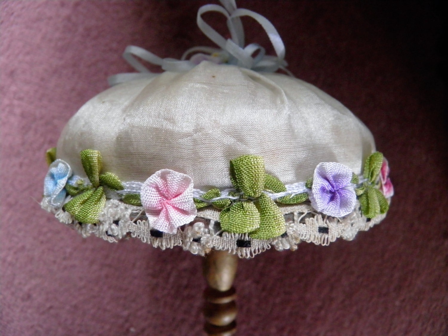 Victorian Pin Cushion With Tiny Handmade Flowers, Silk from