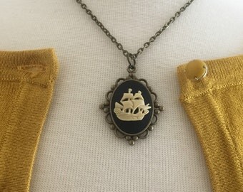Pirate Ship Necklace, Cameo, Nautical Jewelry, Adventure Gift