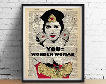YOU Equals Wonder Woman Art Print Poster, Superhero Art, Inspirational Wall Art, Womens Gifts, Dorm Decor, Vintage Dictionary Art GICLEE