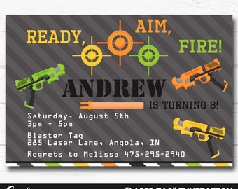 Personalized Gun "Laser Tag" Nerf Boys Birthday Party Digital Printable 4"x6" or 5"x7" Invitation