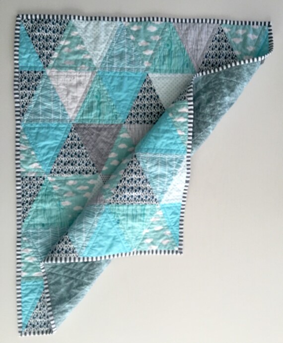 Modern Baby Quilt grey aqua white triangles