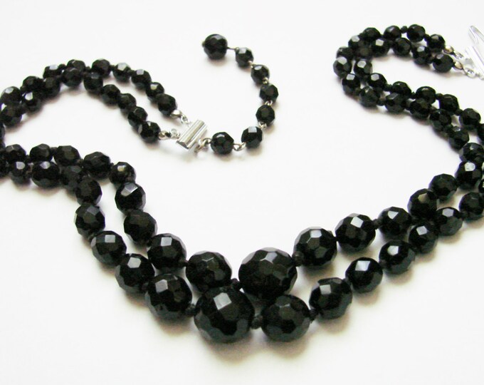 1950s Black Glass Bead Bib Necklace / Faceted Beads / Double Strand / Vintage Jewelry / Jewellery