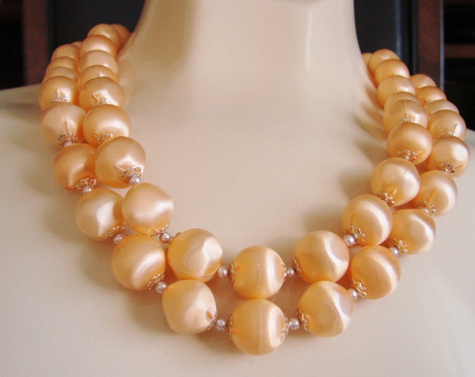 Vintage Light Tangerine Silk Bead Pearl Demi Parure / Necklace / Clip Earrings / Orange Satin / Japan / Jewelry / Jewellery