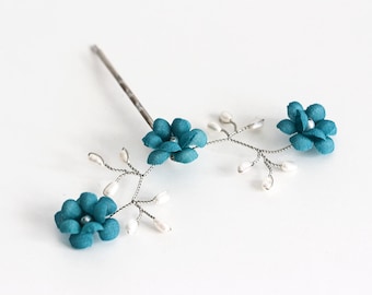 82_Ocean blue bobby pin,Turquoise flower hair pins,Beach wedding,Pearls hair accessory,Pearls pins,Bridal flower hair pins,Wedding hair pins