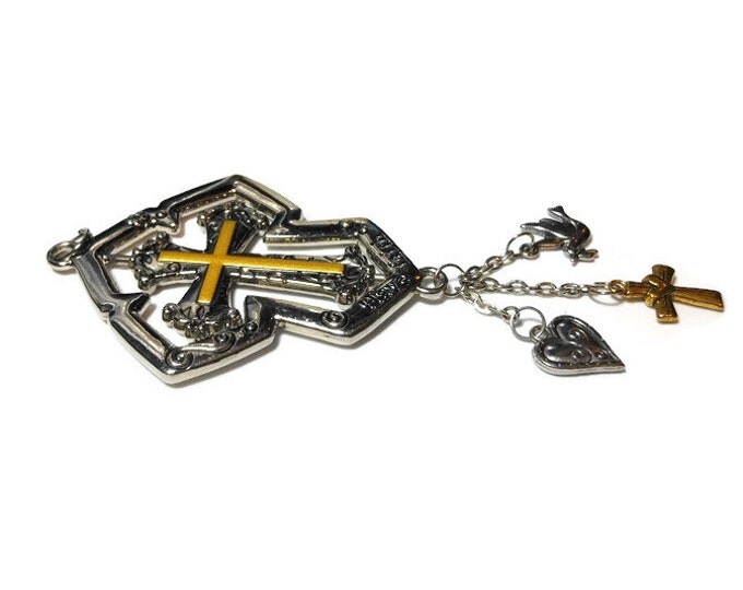 FREE SHIPPING Rotating cross pendant, gunmetal & gold tone turning cross in larger cross, 'Have faith', dove, heart and cross dangle charms