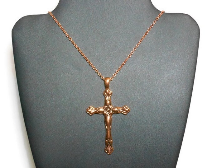 FREE SHIPPING Copper cross pendant, antiqued cross with flower design, copper chain and findings, religious gift, simple elegance