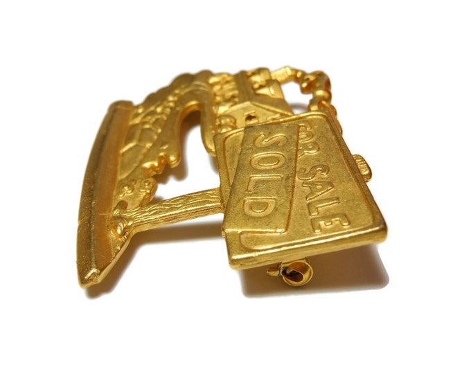 FREE SHIPPING AJC real estate brooch, for sale, sold house pin, gold plate, large statement piece, wonderful details