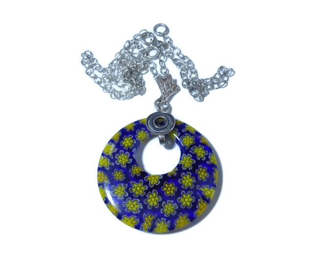 FREE SHIPPING Millefiori glass pendant, 40mm round dark blue, yellow flowers, round go-go, sterling silver filigree bail and sterling chain