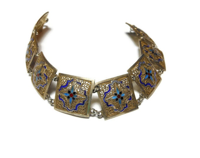 FREE SHIPPING Cloisonne bracelet, vermeil over sterling, gold washed art deco 1930s enamel cobalt blue, blue red flowers filigree panels