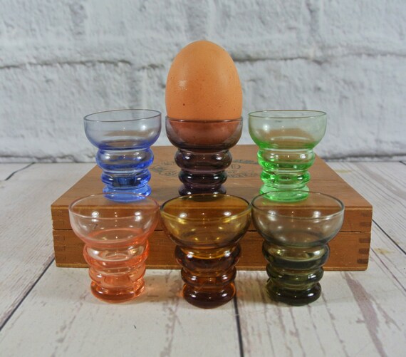 Vintage Set of 6 Coloured Glass Egg Cups Mid Century Made in